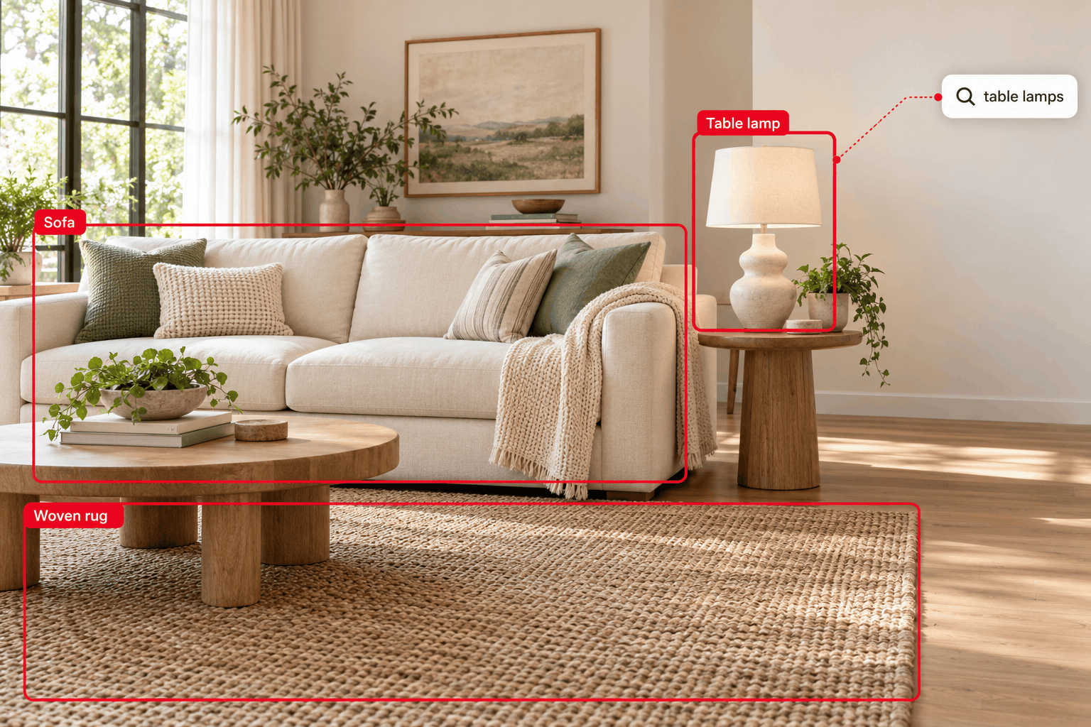 A living room photo with objects like a table lamp, sofa, and rug detected and labeled