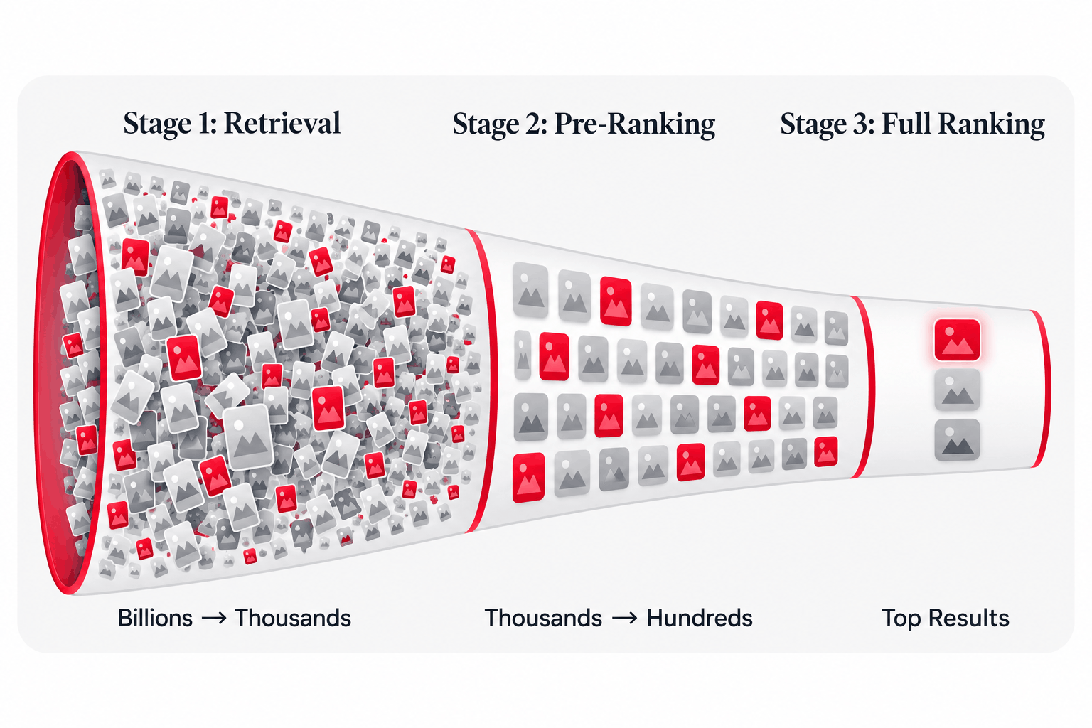 The three stages of Pinterest search ranking: retrieval, pre-ranking, and full ranking